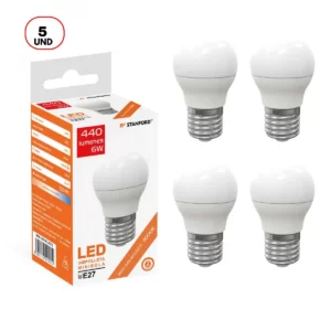 Pack 5un Ampolleta mini bola LEDde 6W y luz cálida con base E27 de la marca Stanford