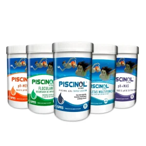 Kit de mantenimiento limpieza y tratamiento integral de piscina marca Piscinol con cloro, pH y floculante.