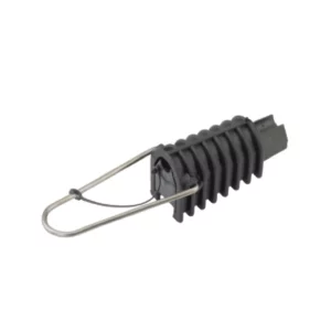 Grampa de retención negra para cable concéntrico de distribución eléctrica.