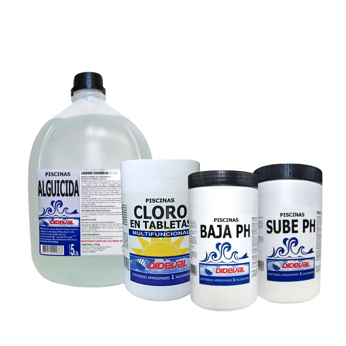 KIT ALGUICIDA CLORO MULTIFUNCION Y SUBE PH Y BAJA PH kit limpieza para piscina Dideval: Alguicida, Cloro en tableta multifuncion, baja ph y Sube pH, para el mantenimiento de piscinas.
