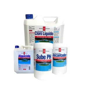 Kit limpieza de productos Química Universal: Cloro Líquido 5L, Decantador, Alguicida 1L y Sube pH.