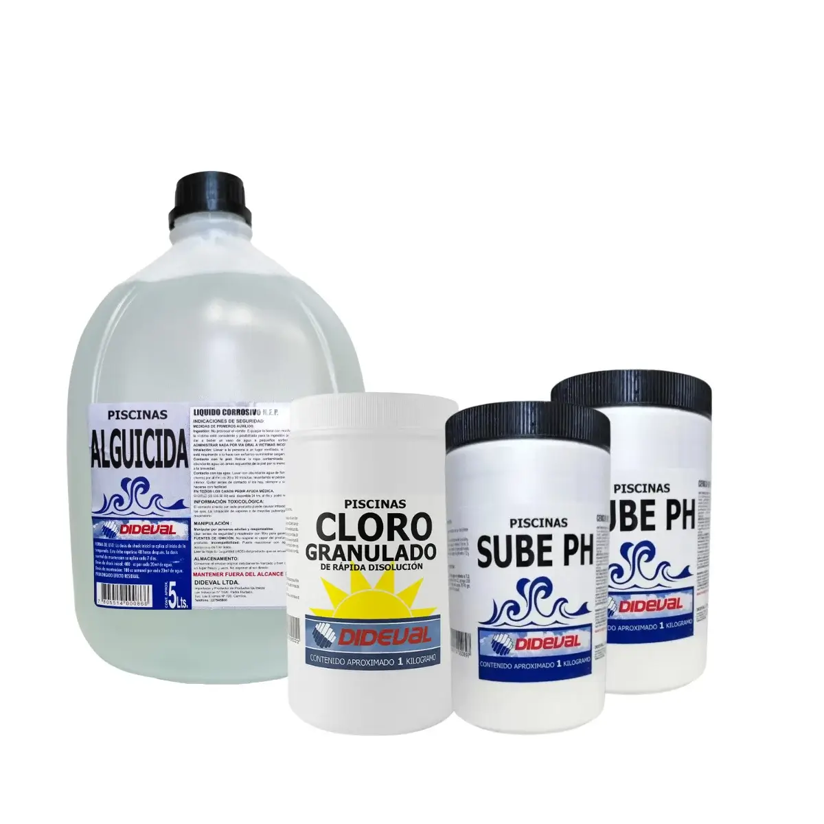 KIT ALGUICIDA CLORO GRANULADO Y SUBE PHx2 KACGSS kit limpieza para piscina Dideval: Alguicida, Cloro Granulado y Sube pH, para el mantenimiento de piscinas.