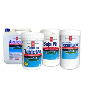 Kit limpieza piscina de productos Química Universal: Cloro en Tabletas, Decantador, Alguicida y Baja pH.