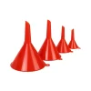 Set de 4 embudos plásticos multiuso de color rojo en distintas medidas.