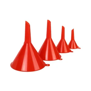 Set de 4 embudos plásticos multiuso de color rojo en distintas medidas.