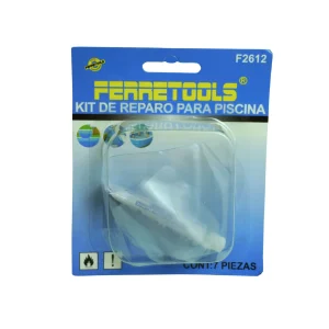 Kit de reparacion para piscina de 7 piezas con parches transparentes y tubo de pegamento para piscinas inflables.