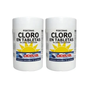 Cloro en tabletas Dideval de 1 kg para piscinas, ideal para desinfección continua y uso en skimmer o dosificador flotante.