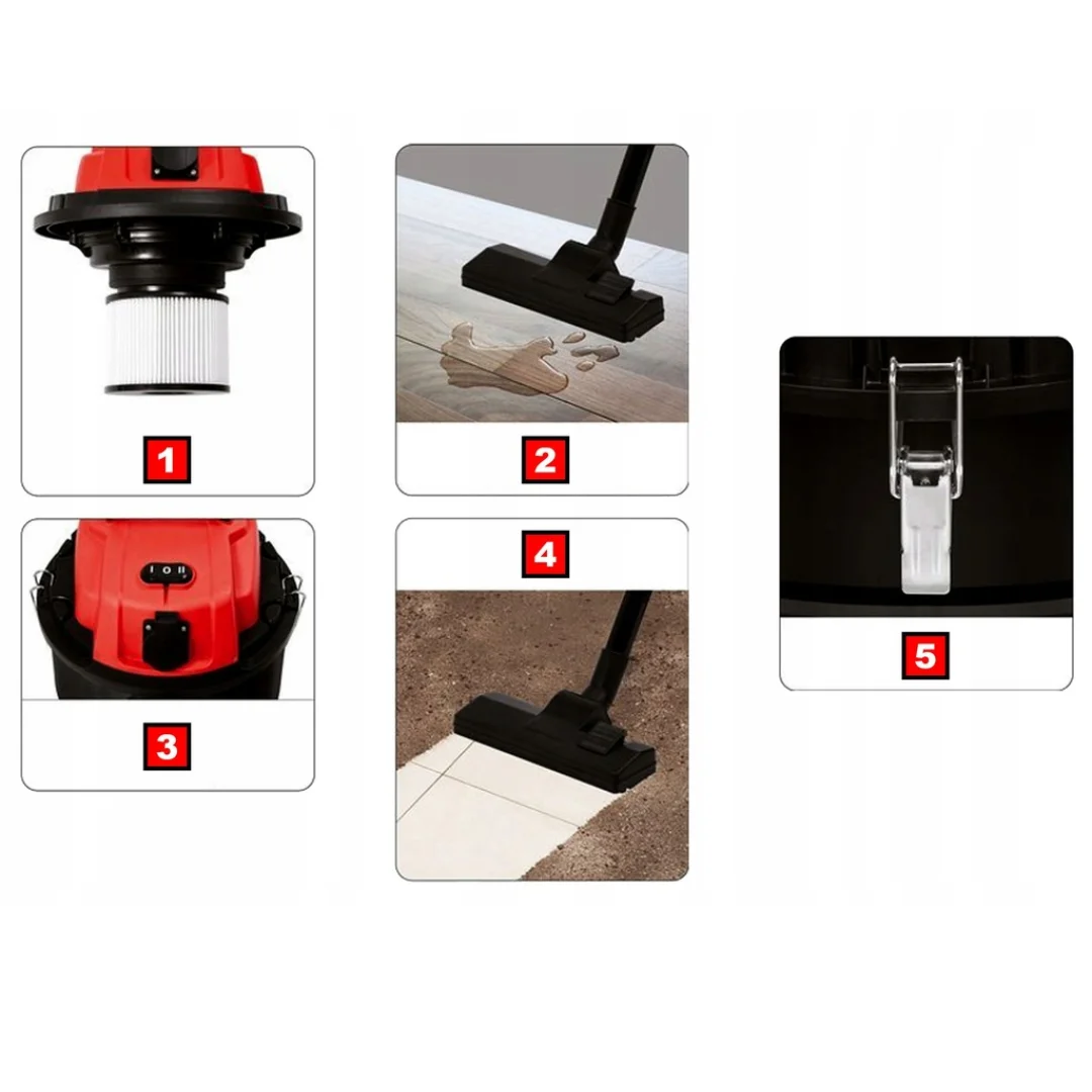 ASPIRADORA YATO YT85701 (8) Aspiradora industrial YATO YT-85701 de 1400W, con toma para herramientas eléctricas y capacidad de 30 litros para uso profesional.