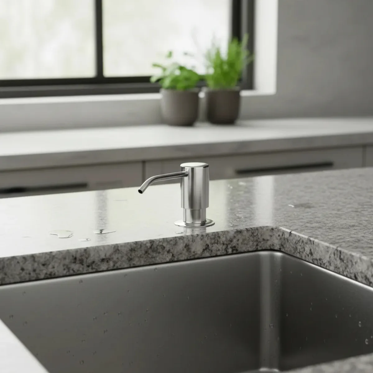 DISPENSADOR JABÓN PARA LAVAPLATOS 031500900-T (3) Dispensador de jabón líquido TAUMM de 330 ml, empotrable para encimera, de diseño elegante y alta durabilidad.