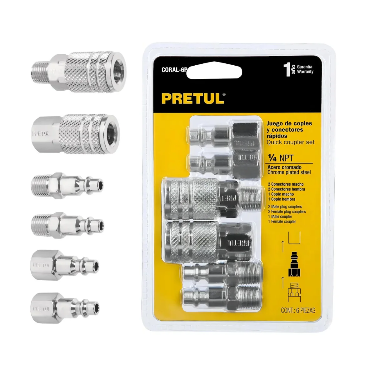 JUEGO 4 CONECTORES Y COPLES 6 PZAS CORAL-6P (2) Kit de 6 acoples rápidos Pretul para compresor de aire, incluye coples y conectores macho/hembra tipo estándar.