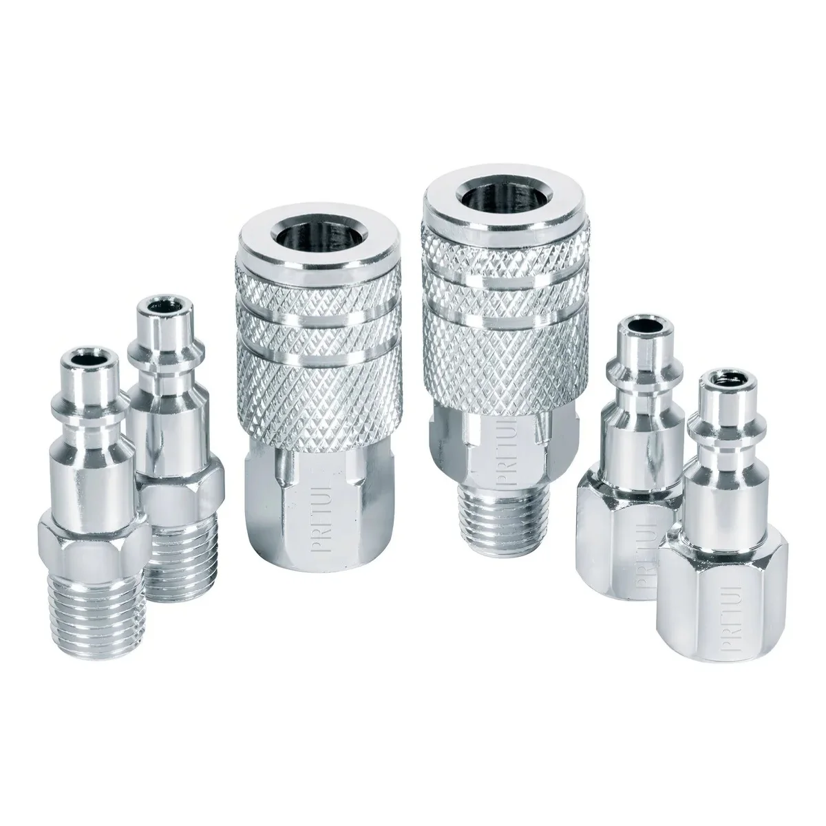 JUEGO 4 CONECTORES Y COPLES 6 PZAS CORAL-6P (3) Kit de 6 acoples rápidos Pretul para compresor de aire, incluye coples y conectores macho/hembra tipo estándar.