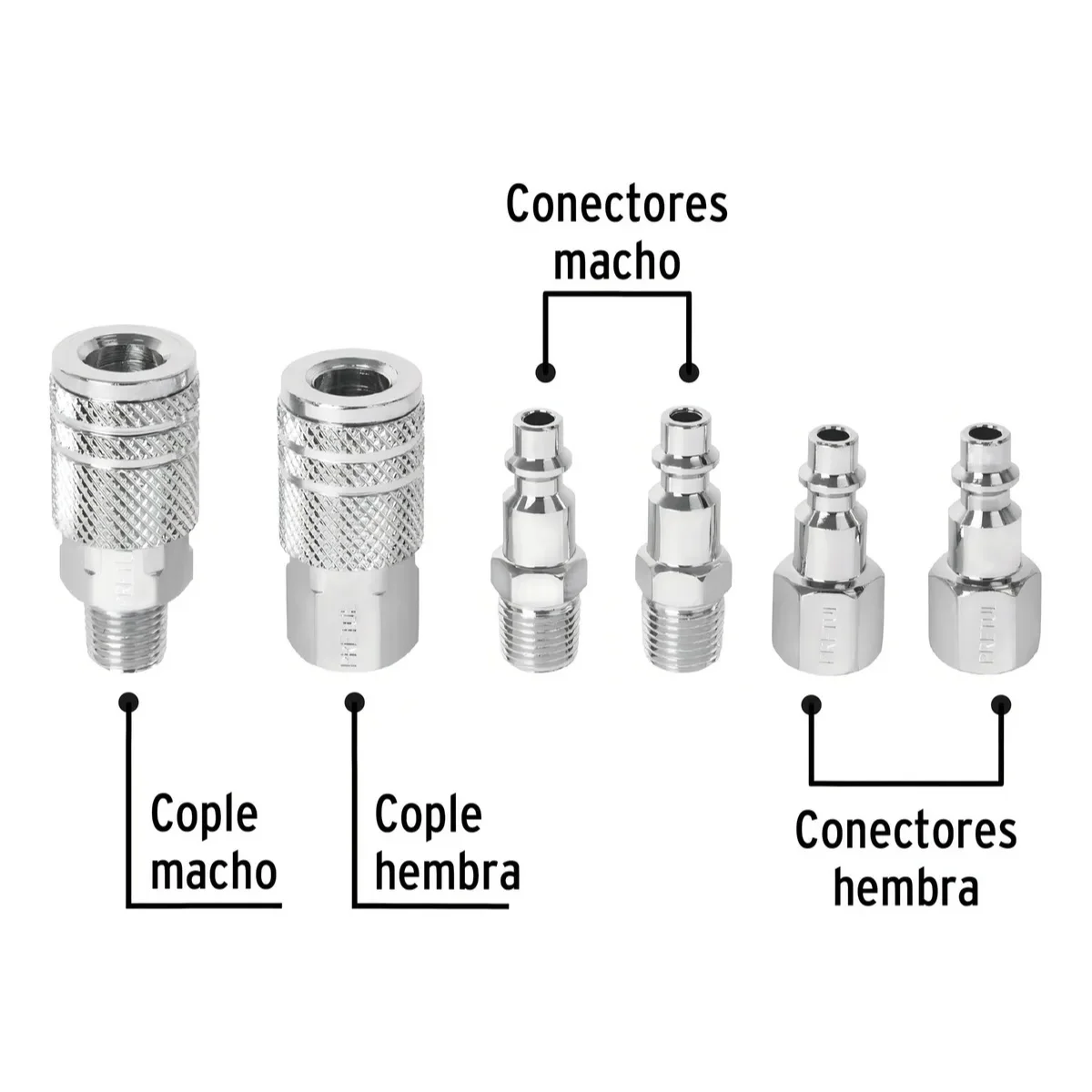 JUEGO 4 CONECTORES Y COPLES 6 PZAS CORAL-6P (4) Kit de 6 acoples rápidos Pretul para compresor de aire, incluye coples y conectores macho/hembra tipo estándar.