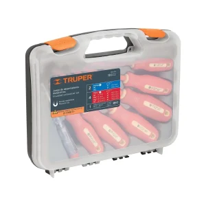 Juego de destornilladores dieléctricos aislados hasta 1.000V con puntas de cromo vanadio y probador de voltaje 100-250V.