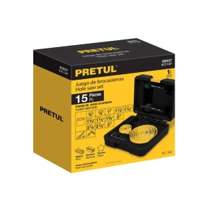 Kit de 15 piezas de sierra copas Pretul para madera y aluminio, incluye estuche y mandriles con medidas de 19 mm a 75 mm. broca sierras