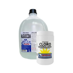 Kit Dideval con cloro granulado 90% y alguicida a base de amonio cuaternario para mantener el agua de piscina limpia y transparente. Tratamiento piscina