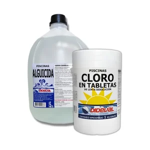 Kit Dideval de cloro en tabletas y alguicida para el mantenimiento continuo de piscinas, controlando algas y bacterias. Mantenimiento piscina