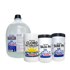 Kit de tratamiento integral Dideval que incluye cloro en tabletas, alguicida, sube pH y baja pH para el mantenimiento continuo y equilibrio químico del agua. Mantenimiento continuo