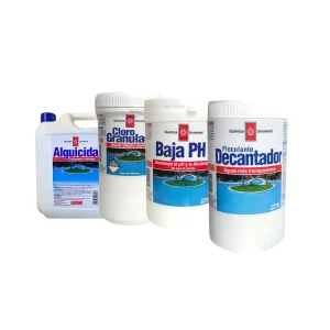 Kit de 4 químicos para piscina: desinfección, clarificación, control de algas y balance de pH. Cloro granulado, alguicida, decantador y baja pH. Mantenimiento integral