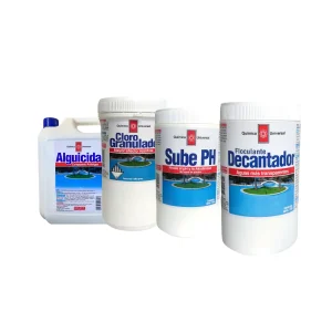 Kit de 4 químicos para piscina: desinfección, clarificación, control de algas y balance de pH. Cloro granulado, alguicida, decantador y sube pH. Mantenimiento integral