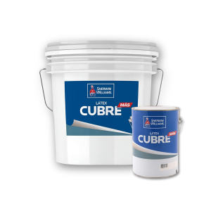 Látex Cubre Más de Sherwin Williams color blanco mate, pintura con protección antihongos para interior y exterior.