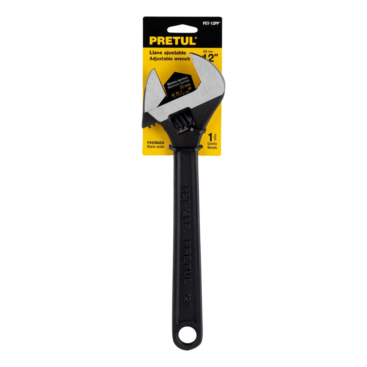 LLAVE AJUSTABLE 12 PAVONADA PRETUL PET-12PP Llave francesa ajustable marca Pretul fabricada en acero al carbono con acabado pavonado resistente a la corrosión, disponible en varias medidas.