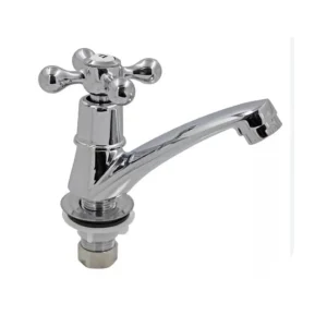 Llave lavatorio Taumm línea Eco Mejorada en Zamak cromado con manilla tipo cruz y tuercas de seguridad metálicas.