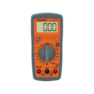Multímetro digital Truper MUT-33 profesional con medición de temperatura, voltaje AC/DC y prueba de transistores.