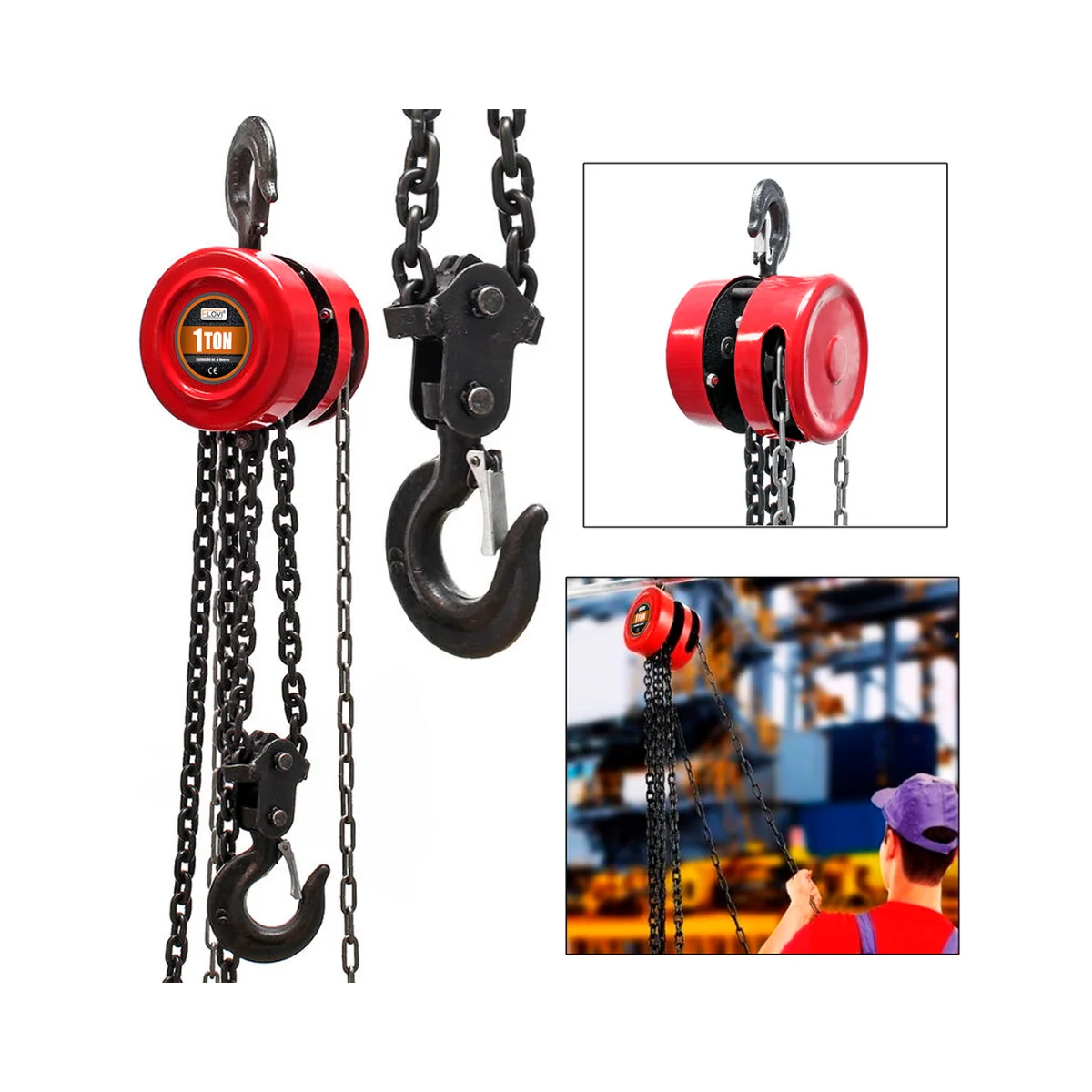 TECLE MANUAL DE 1 TONELADA CON CADENA 3 METROS FLOVI RQT-011 (3) Tecle manual de cadena marca Flovi, capacidad de carga 1000kg, elevación de 3 metros, ideal para talleres mecánicos e industria.