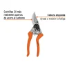 Tijera de podar profesional marca Truper de 8 1/2 pulgadas con cuchillas de acero SK5 y cabeza angulada ergonómica.