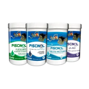 Kit de 4 frascos de 1kg Piscinol para mantenimiento de piscinas: cloro, tabletas, decantador y sube pH.
