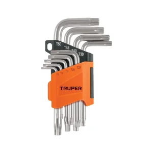 Juego de 9 llaves Torx Truper de acero cromo vanadio en organizador plástico naranja.