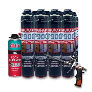 Kit de 12 latas de espuma proyectada Patel P900 con limpiador Akfix y pistola profesional.
