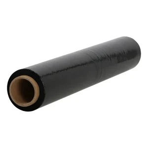Rollo de film stretch negro industrial de 2,3 kg para protección de pallets y privacidad de carga.